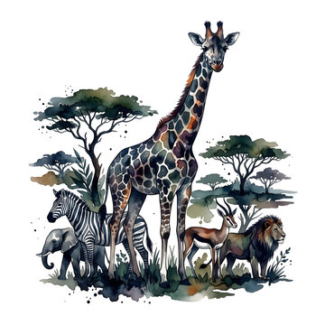Giraffes and zebras drinking water from a tree in the savanna.