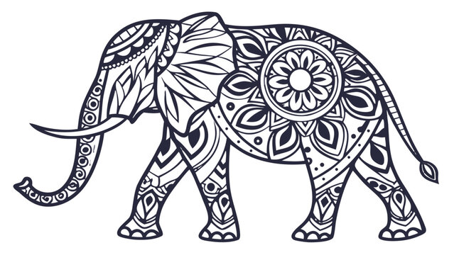 Ornate Elephant Design: An intricate black and white illustration of an elephant adorned with traditional mandala-like patterns and tribal motifs.