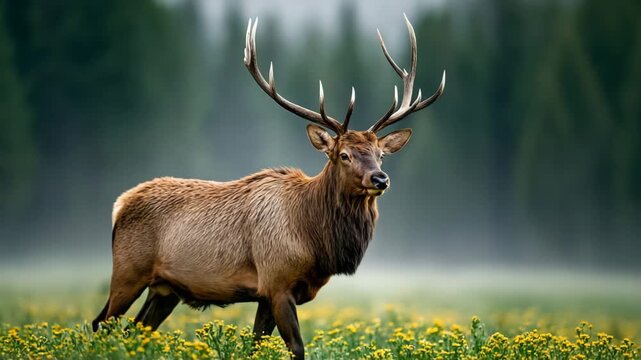 Bull Elk Standing in Wildflower Meadow