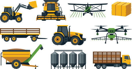 Industrial Smart Agriculture Icon Set with Combine Harvester Tractor Loader Biplane Crop Duster Spraying Drone Grain Silos and Livestock Truck Vectors © Fahim