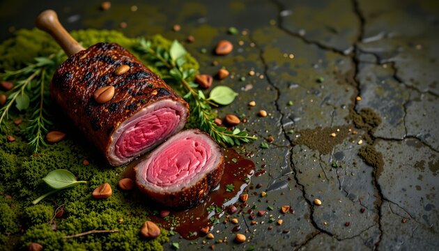 Savory venison loin set in the top left corner on a moss green background, in a sleek food photography style, with deep forest moody ambiance, ample free space, high resolution