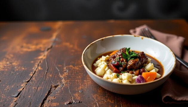 Savory oxtail stew set in the bottom left corner on a dark clay background, in a sleek food photography style, with warm shadow heavy ambiance, ample free space, high resolution