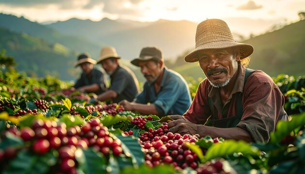 Farmers Harvesting Coffee Beans on a Sunny Mountain Slope.