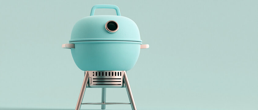 A stylized light blue grill with silver accents sits against a solid light blue background