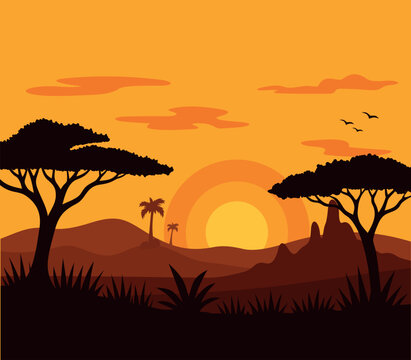 african savanna landscape at sunset featuring a girafe and an elepant silhouette against a glowing orange sky, scenic wildlife panorama with acacia trees, golden grasslands and dramatic sunset colors