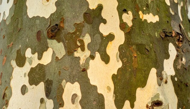 Macro close-up of plane tree bark camouflage texture.