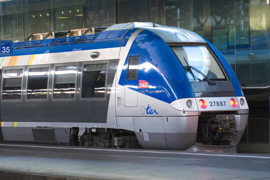 Close-up of SNCF train parked at railway station of Swiss city of Basel on a sunny summer morning. Photo taken July 13th, 2026, Basel, Switzerland.