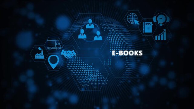 Digital e-books concept featuring interactive global network connectivity and futuristic data visualization infographics for online education, modern publishing, and advanced corporate