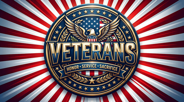 Strong patriotic veterans service emblem graphic illustration featuring military honor badge on a dynamic red white blue background
