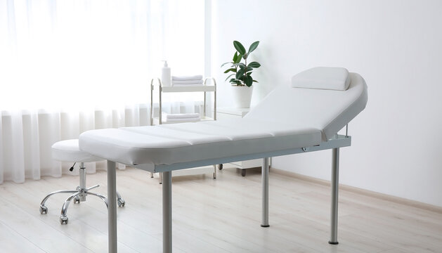 White massage bed and stool in a bright minimalist clinic room