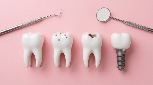 Dental health anatomical models showing tooth decay and dental implant, professional dentistry tools on pink background, oral hygiene and cavity treatment