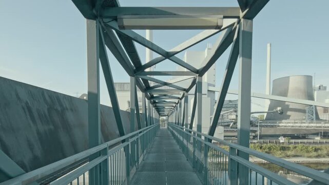 Industrial bridge and transport infrastructure crossing Rhine river in Karlsruhe