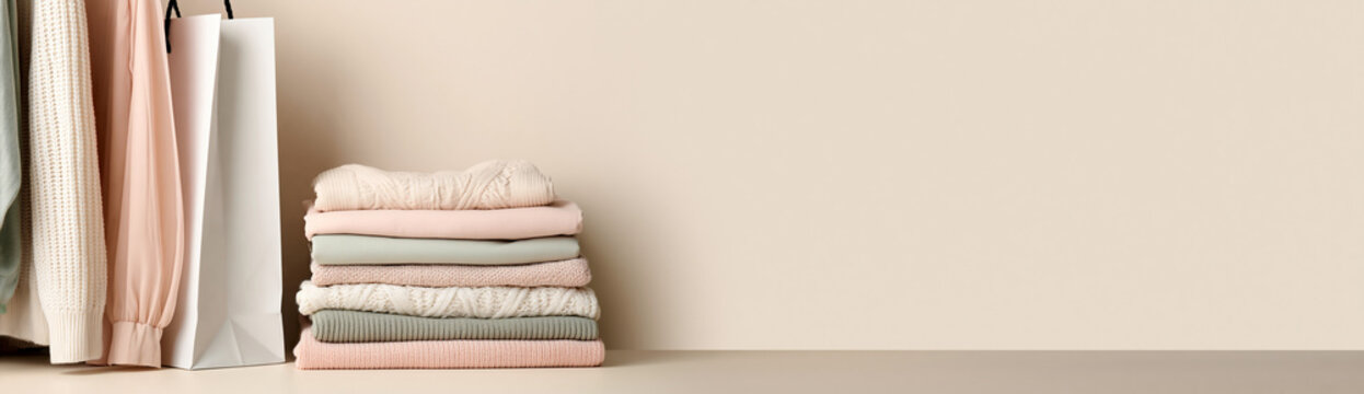 A stack of neatly folded pastel-colored sweaters beside shopping bags, evoking a sense of organized retail and cozy fashion