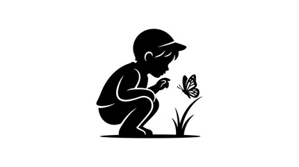 Child And Butterfly Silhouette Against White Background © Jubayar