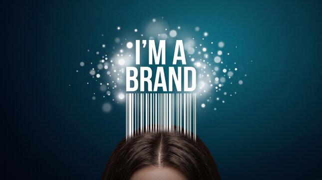 Personal branding concept with I'm a Brand text, barcode graphic emerging from woman's head, marketing and identity visualization on blue background