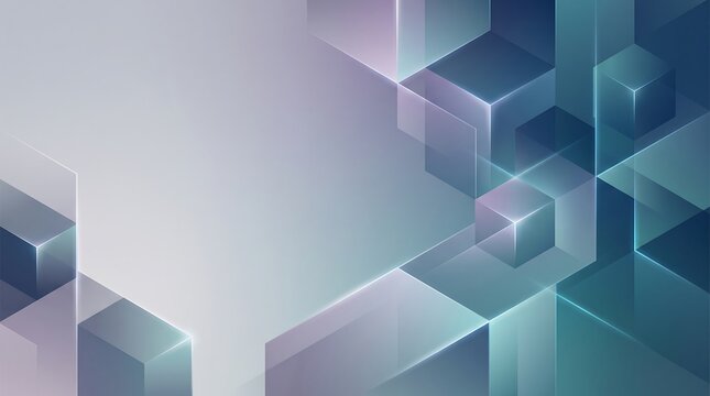Abstract geometric background with glowing translucent cubes and interconnected shapes forming a modern technological pattern