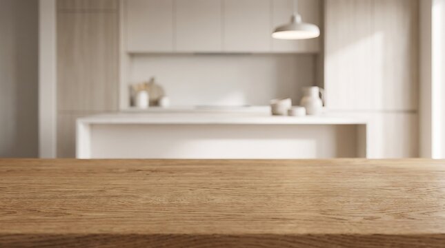 Natural oak wooden desk with generous copy space, foreground focus against contemporary kitchen interior, premium product mockup