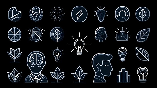 Personal growth, self improvement and emotional intelligence icons. Mindset, individual success, productivity and personal development thin line icon set. Editable stroke vector illustrations.