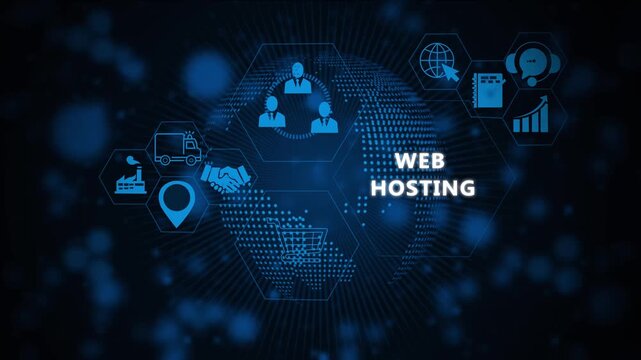 Web hosting digital technology concept featuring animated global network connectivity data server infrastructure symbols, and futuristic cyber security for modern business solutions