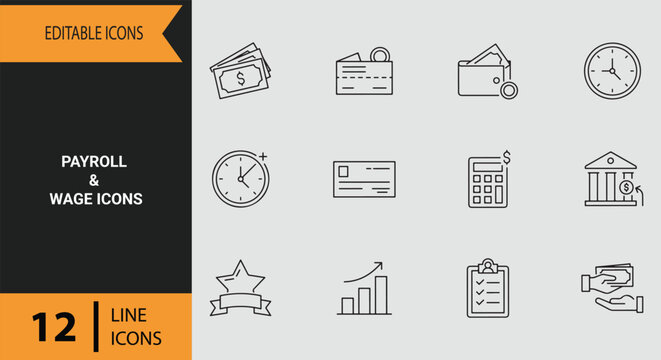 Payroll Wage Salary Payment Income Expense HR Accounting Outline Line Icon Set