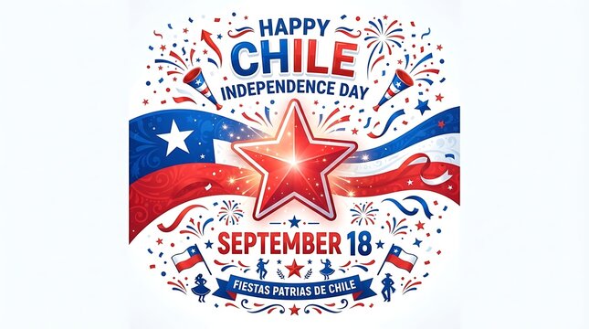 Happy chile independence day celebration design with red star and flag elements isolated on white background