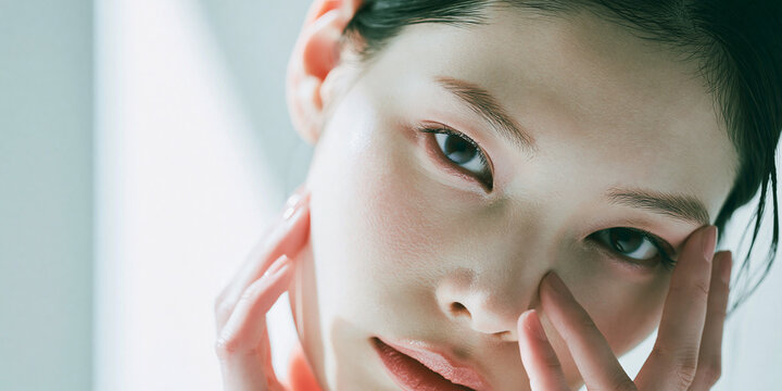 Close-up portrait of a young woman with delicate features and captivating eyes, her fingers gently touching her face, exuding an aura of serene beauty.
