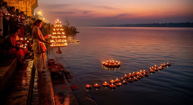 Hindu priest performing Ganga Aarti ritual with oil lamps at sunset on river