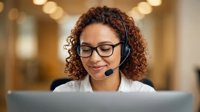 Customer service representative looks at camera while using headset and speaking. Bright office setting with computer in background. Concept of call center, remote work, customer support
