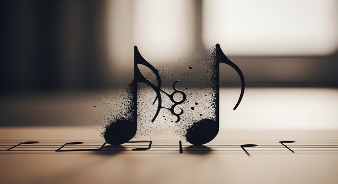 Musical note symbol dissolving into particles on a staff background