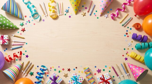 Colorful flat lay birthday background with balloons, party hats, candles, confetti, ribbons, gift boxes, and large copy space for invitations, banners, greeting cards, and celebration designs.