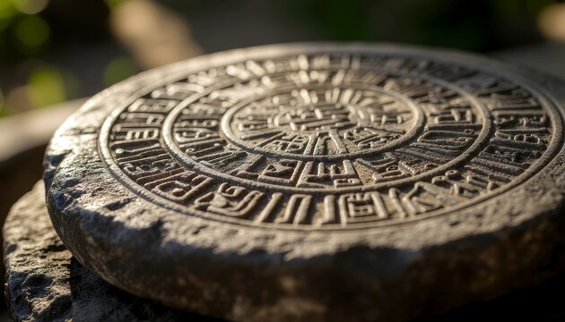 Ancient engraved stone tablet with mysterious faded symbols and circular patterns outdoors