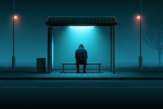 Young adult sitting alone at night bus stop with empty bench and blue lighting