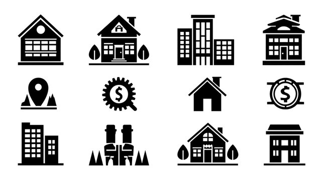 Real estate icon set featuring property management, residential and commercial building, house for sale, mortgage, apartment, realtor, villa, and home investment symbols. Stock Vector