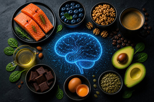 Brain boosting foods concept with healthy nutrition for cognitive function