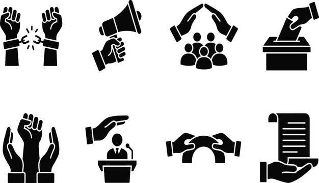 Black Human Rights and Civil Liberties Silhouette Icon Set Featuring Broken Chains, Megaphone, Voting, and Freedom Concepts