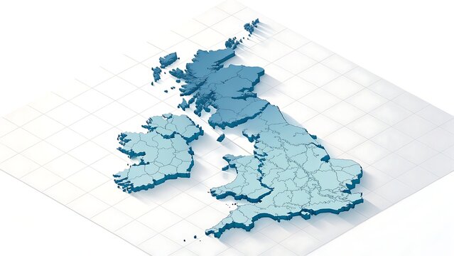 3D isometric map of United Kingdom. UK geography model with blue regions on white background.