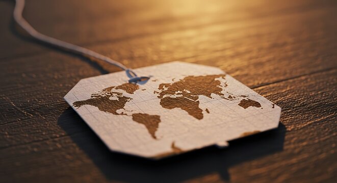 Paper world map tag on a wooden table under sunset golden light