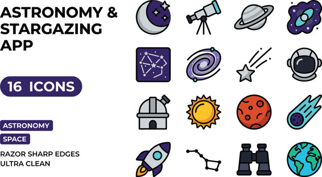 Collection Of Pixel Art Icons For Astronomy And Stargazing App