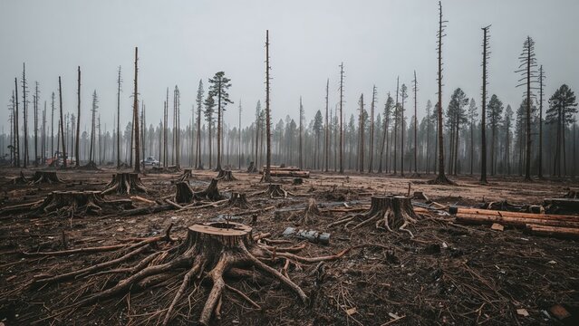 Deforestation or forest destruction with numerous tree stumps and barren land. Environmental impact and ecological loss. Nature and conservation. The concept of deforestation and environmental damage