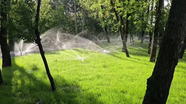 Wide-angle shot of multiple automated sprinklers spraying jets of water over a vibrant green lawn in a city park. Sunlight illuminates the water streams and lush grass.