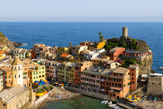Sunny summer day at fishing village Vernazza, Cinque Terre, Liguria, Italy. Landscape photography