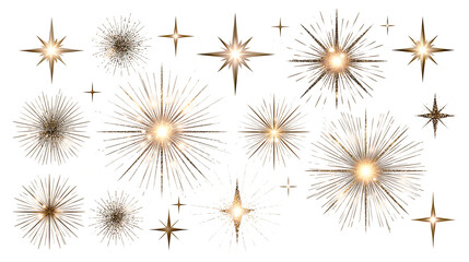 Obraz premium Set of golden sparkling starbursts glowing light flashes and star sparkles isolated on transparent background