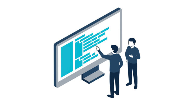 Isometric Illustration of Two Developers Collaborating on Software Code