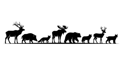 Obraz premium Wild Forest Animal Silhouette Lineup Vector Collection Isolated on White Background