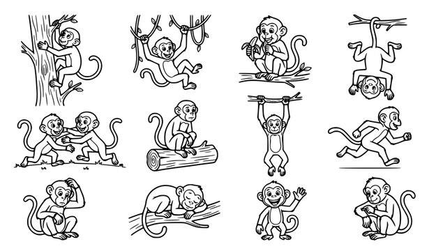 Cute monkey cartoon coloring book character set playing hanging climbing trees vector illustration line art isolated