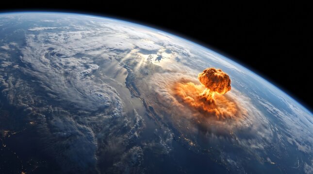 Massive nuclear explosion on Earth from space. Atomic mushroom cloud detonation over planet surface.
