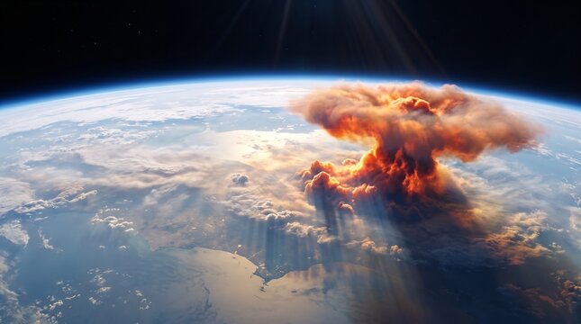Global nuclear explosion on Earth with massive mushroom cloud. Catastrophic atomic blast destroying planet surface from space view.