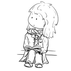 Well-suited boy looking upward and holding an open book cartoon illustration