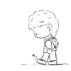 Boring young boy walking and kicking stone isolated outline illustration