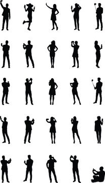 Silhouettes of people holding smartphones and taking selfies on a white background illustration